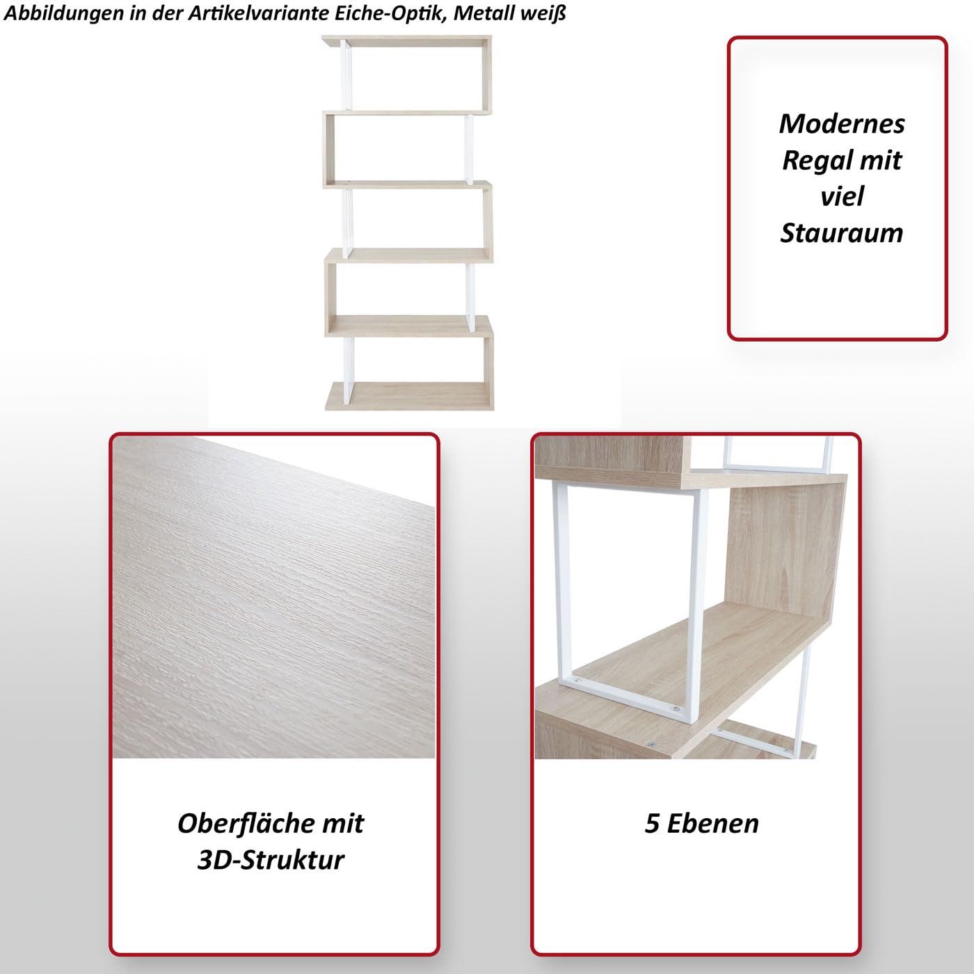 Libreria scaffale 3D MDF HWC-A27 5 Ripiani 30x80x183cm Legno Metallo Grigio