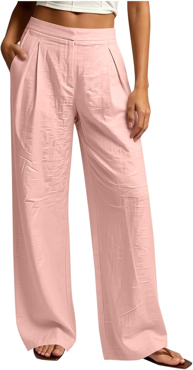 Women Palazzo Ankle Linen Pants Summer Boho Wide Leg High Waist Casual Lounge Pant Beach Travel Vacation Trousers