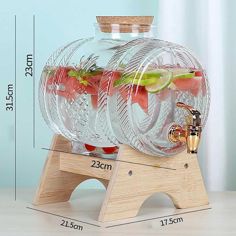 Getränkespender aus Glas mit Zapfhahn und Deckel – transparenter Getränkespender auf Holzständer für Wasser, Saft, Veranstaltungen und den Außenbereich – idealer Servierbehälter