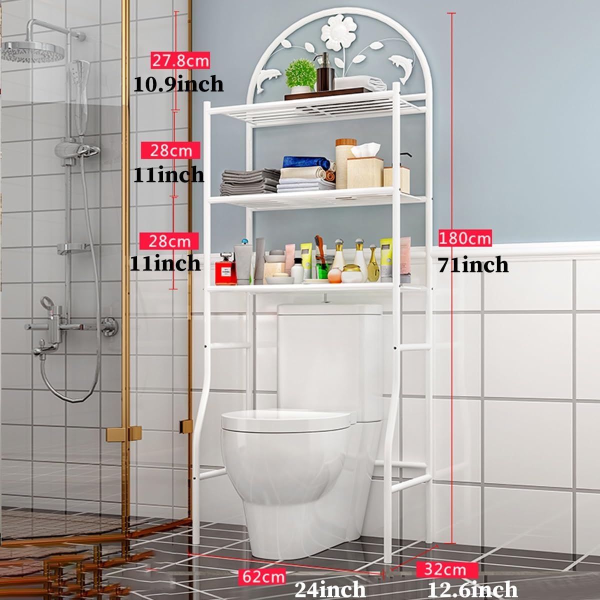 3 Tier Over The Toilet Storage Rack Metal Industrial Bathroom Over Toilet Shelf Organizer Freestanding Above Toilet Storage Stand for Bathroom Space Saver (Color : White B) (/Black One Size)