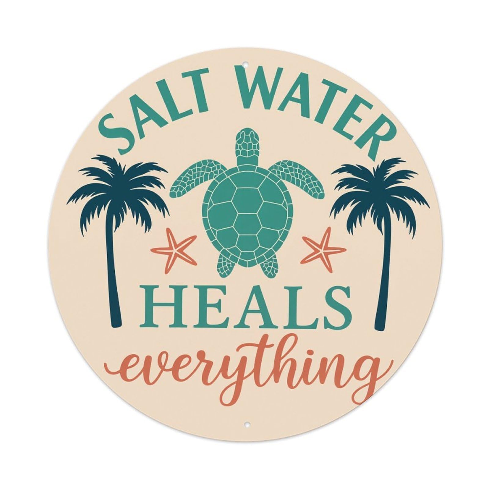 Salt Water Heals Everything Turtle Palm Trees Starfish Round Tin Sign Retro Metal Sign for Cafe Bar Pub Home Game Room Gym Club Wall Decoration Vintage Metal Poster 8x8 Inch