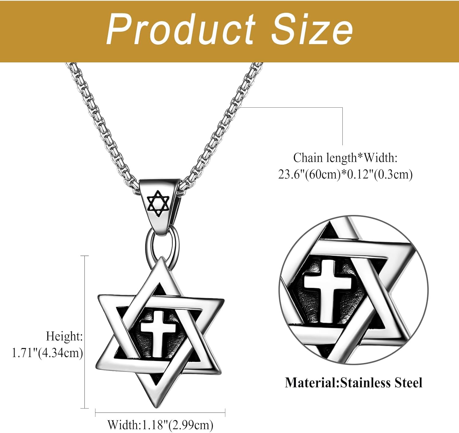 Star of David Necklace for Men Women: Stainless Steel Religious Cross Pendant Jewish Jewelry - Image 6