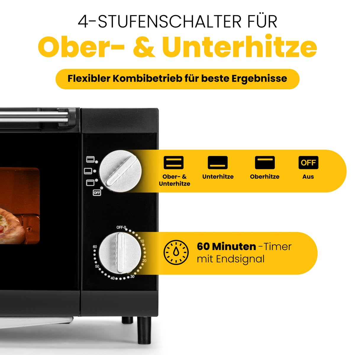 Clatronic Pizzaofen, 12 Liter Backraum, Minibackofen, zum Grillen & Aufbacken, Backofen mit Ober- & Unterhitze, Mini Backofen mit 60 Min.-Timer, Backofen klein inkl. Backblech, MPO 3520, Schwarz