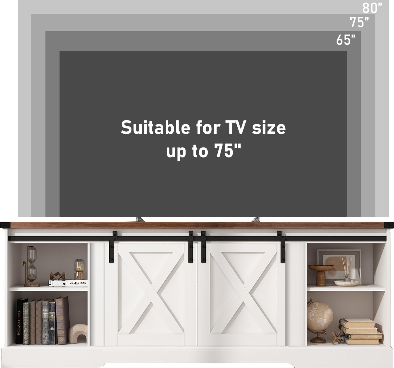 Farmhouse TV Stand for 70/75/80 Inch TV, 70 inch Entertainment Center Storage Cabinets with Sliding Barn Doors, Media Console Cabinet for Living Room, White