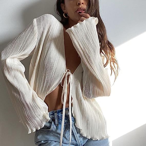 Women Bell Sleeve Top Sexy Tie Front Sheer Blouse Going Out Tops Y2k Streetwear2