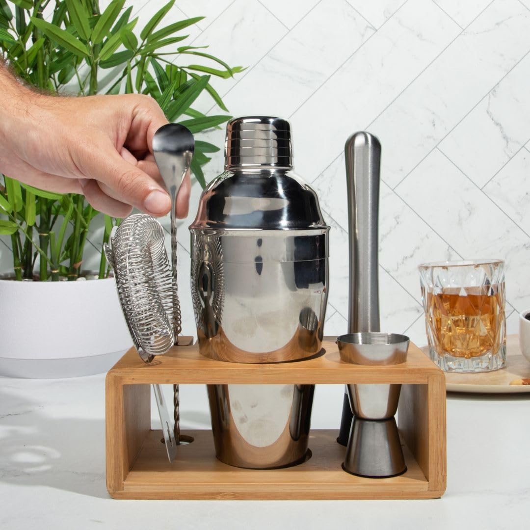 Juego de coctelera de alta calidad con soporte de bambú, kit de herramientas de barra de 4 piezas, juego de barman de acero inoxidable con agitador, medidor, cuchara mezcladora y colador