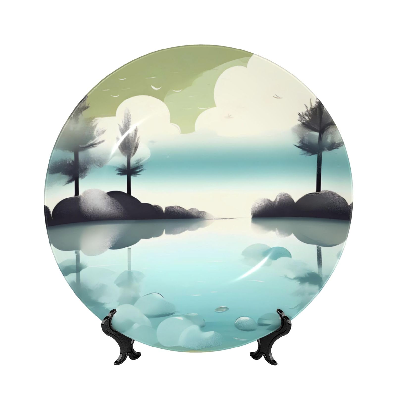 SXZVVBN Tranquil Lakes Bone China Decorative Plate Art with Stand Removable Adhesive Hanging for Home Office 7in