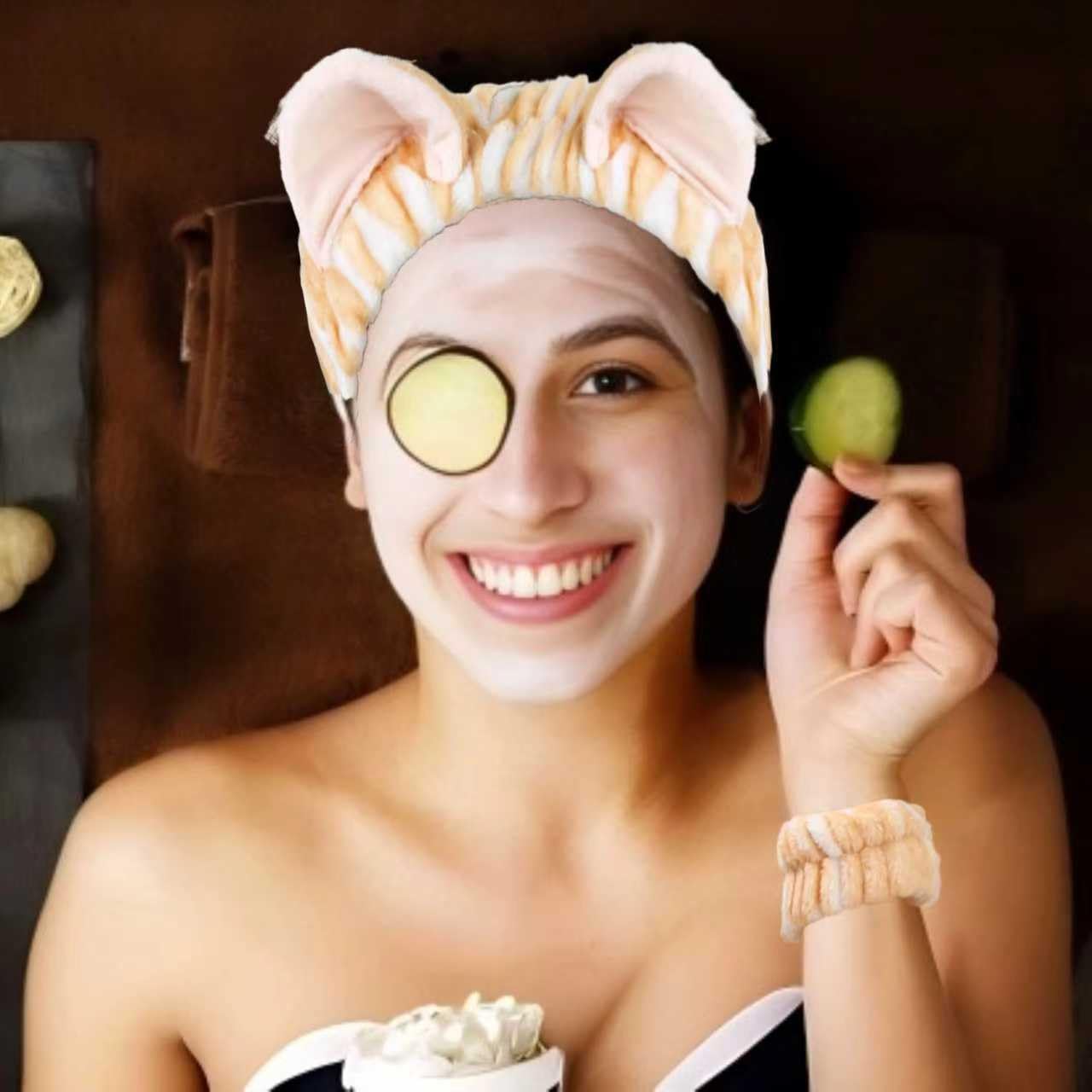 Cute Spa Headband and Wristband Set for Women Kawaii Cat Ear Yellow Makeup Headband for Washing Face (3PCS, Yellow) - Image 4