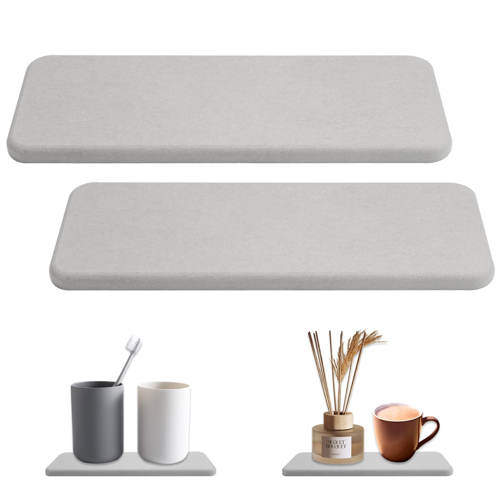 2 Pieces Dry Stone Sink Diatomaceous Earth Absorbing Stone for Kitchen Bathroom,Water Absorbent Coasters,Soap Tray with Anti-Slip Rubber Feet, Sponge Holder, Instant Dry Sink Organizer Tray
