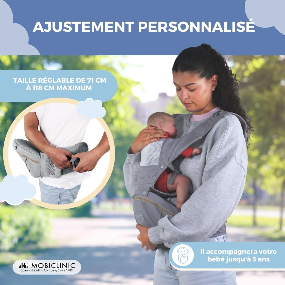 Mobiclinic® kids, Porte-bébé, 6 en 1, Moley, Multiposition, Pliable, Poche zippée, Porte-biberon, Coton premium doux, 0-36 mois, Pour nouveau-nés et enfants (gris)