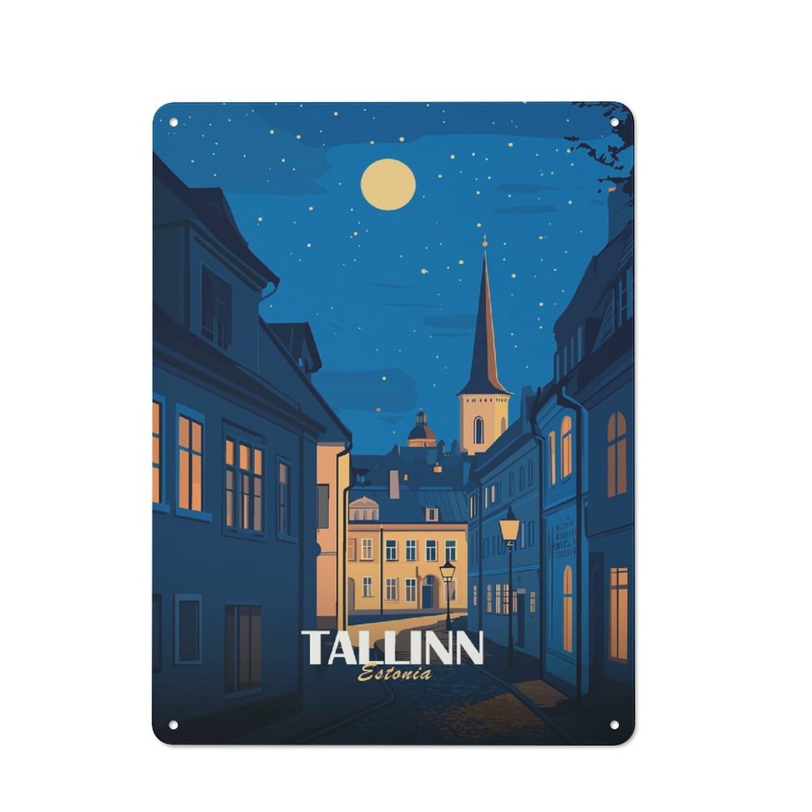 Junmoney Style-20 Tallinn, Estonia Nightscape Illustration Workshop Style Metal Wall Decor 40X30cm, Garage Metal Sign For Workshop, Basement, Shed Or Games Room