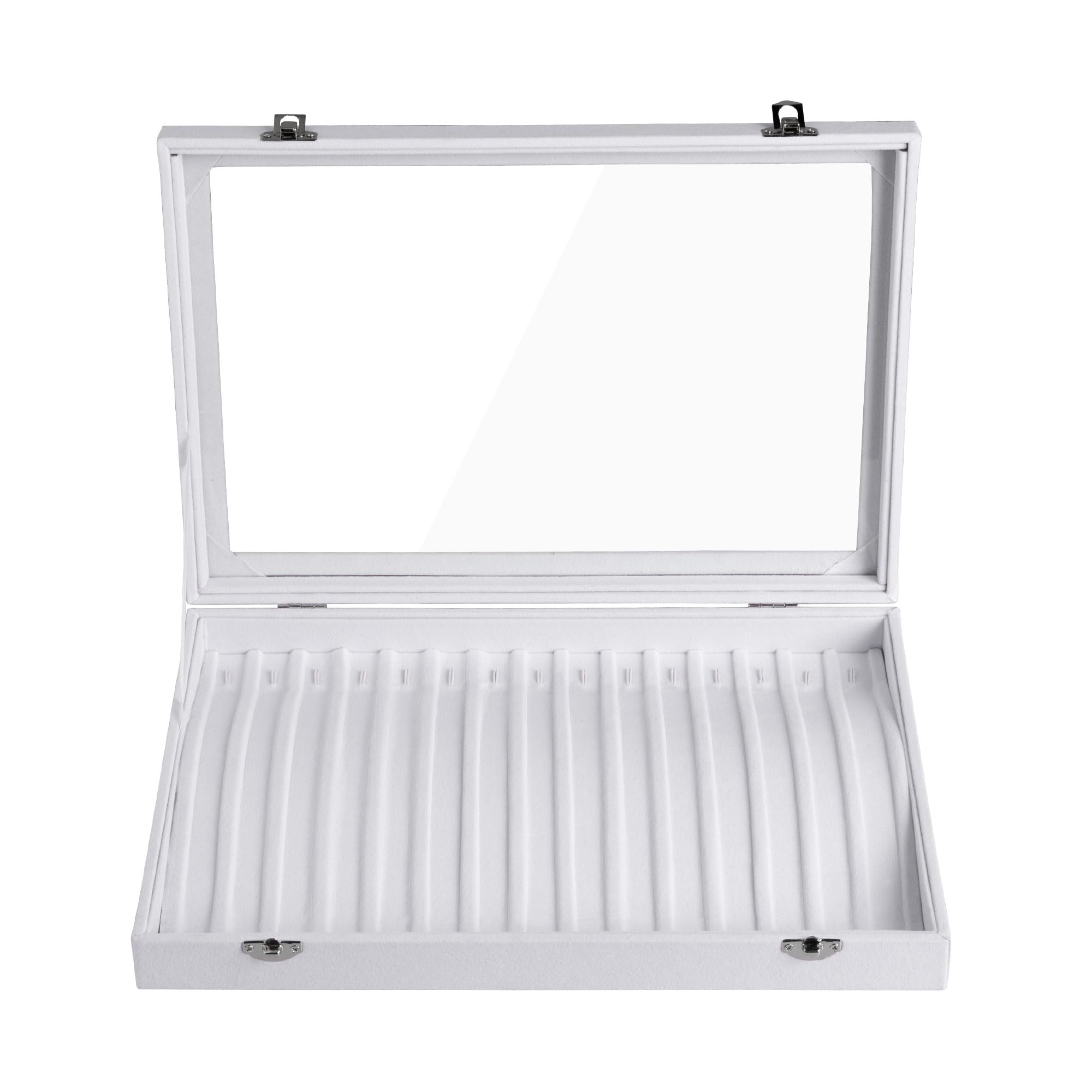 Frebeauty 15 Hooks Necklace Tray Velvet Neckalce Organizer with Clear Lid Lockable Necklace Holder Box Jewelry Organizer for Pendants Chains Necklace Jeweley Tray for Women Girl (White)