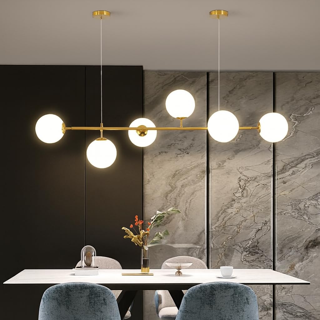 Dopa Lampadario a Sospensione LED con 6 Sfere in Vetro Satinato Design Moderno 3D Struttura in Metallo Bronzo Oro Attacco G9 Altezza Regolabile per Cucina Soggiorno e Ingresso