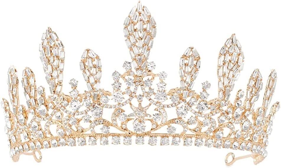 Corona de reina dorada con cristales brillantes para novias y tocados de boda