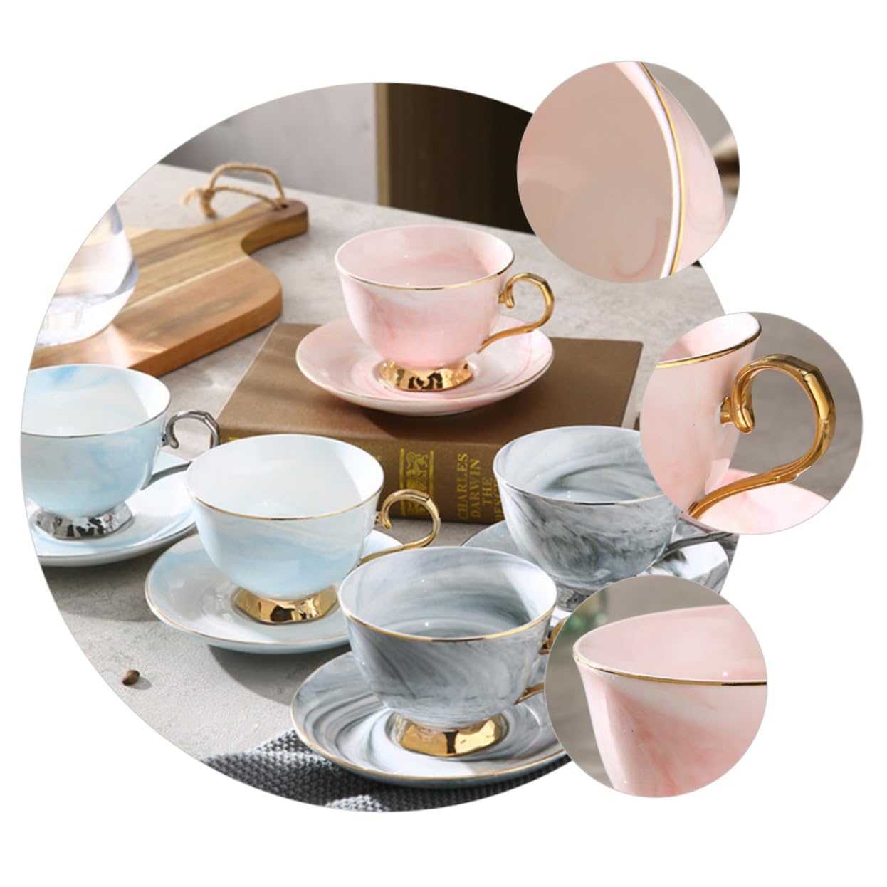 Tasse En Céramique 250 Ml Avec Soucoupe, Motif Marbre, Couleur Rouge Et Doré, Ensemble Tasse à Lait Et Jus, Pour Café Et Boissons Chaudes, Usage Quotidien