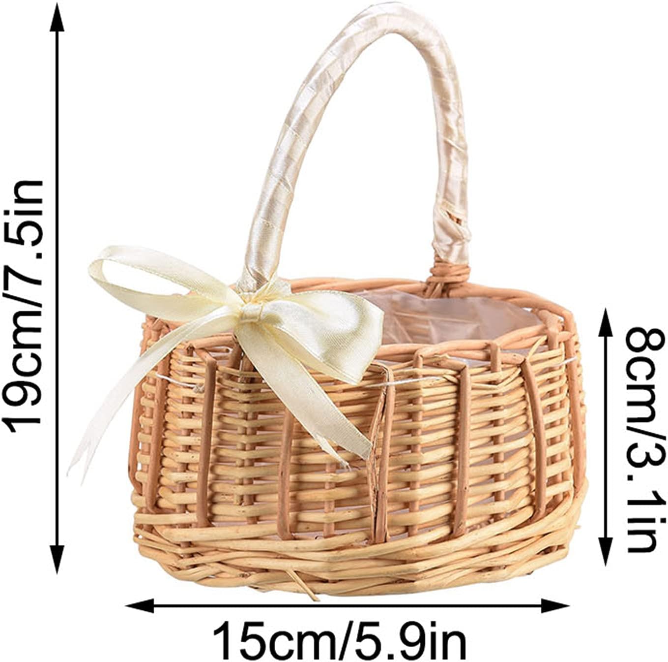 WYSRJ 2Pcs Wedding Flower Girl Basket, Wicker Rattan Flower Basket with Handle and Ribbon, Picnic Basket Woven Eggs Candy Basket for Wedding Home Garden Decor