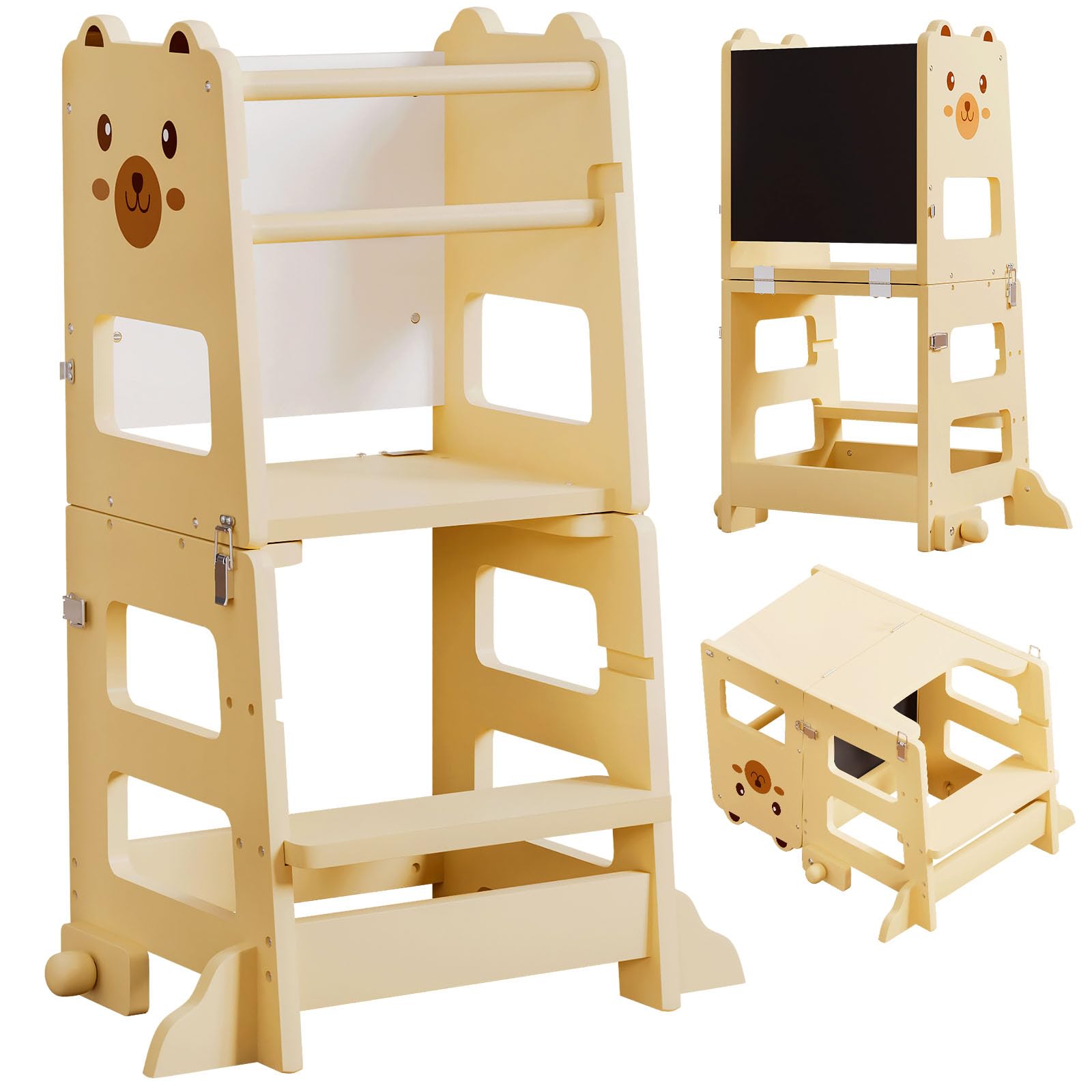 Yorbay Lernturm ab 1 Jahr Klappbar: 2 in 1 Montessori Learning Tower für Kinder mit Tafel - Tritthocker Verwandelbar in Kindertisch Lernstuhl - für Küche Bad und Kinderzimmer