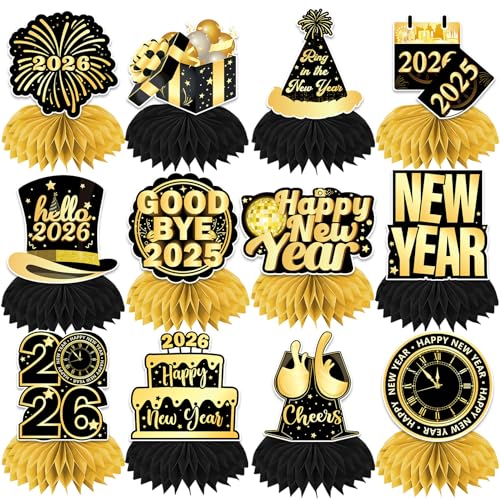 New Years Decorations 2026, 12 Pcs Happy New Year Decorations 2026 Honeycomb Centerpieces, New Years Table Decorations 3d Double Side Table Centerpieces, New Years Eve Decorations for Table
