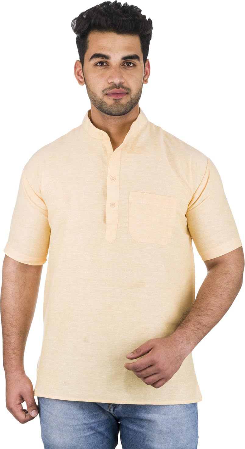 deshbandhu dbk Men's Cotton Short Kurta Without Pant | Mandarin Neck Short Kurta | Half Sleeve Casual Kurta | Traditional Ethnic Regular Kurta | Solid Plain Kurta for Men's (Pack of 1) Beige-picture-16