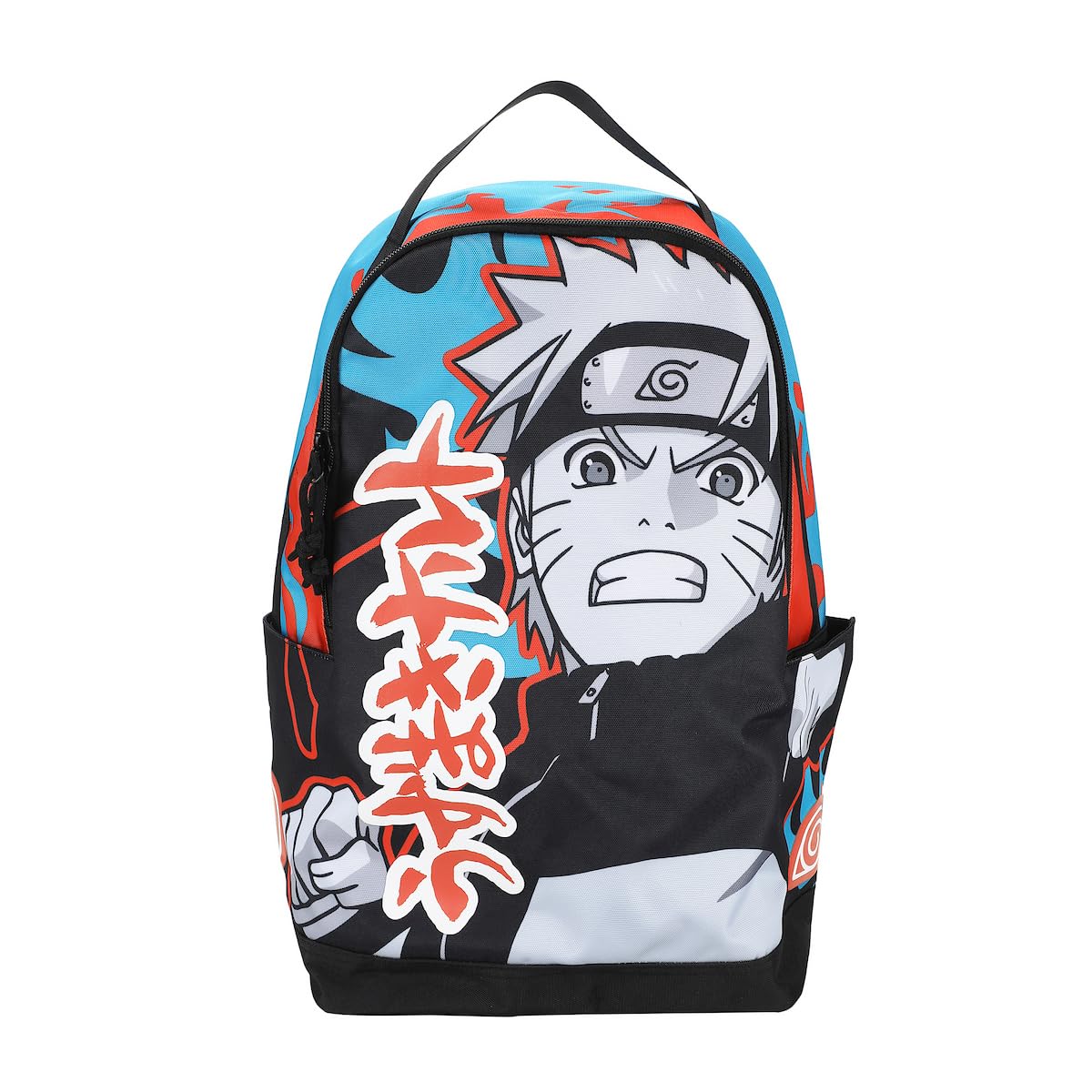 Bioworld Unisex Naruto Placed Print Backpack with Blue and Orange Accents Flames with Puff Print Kanji Blue One Size