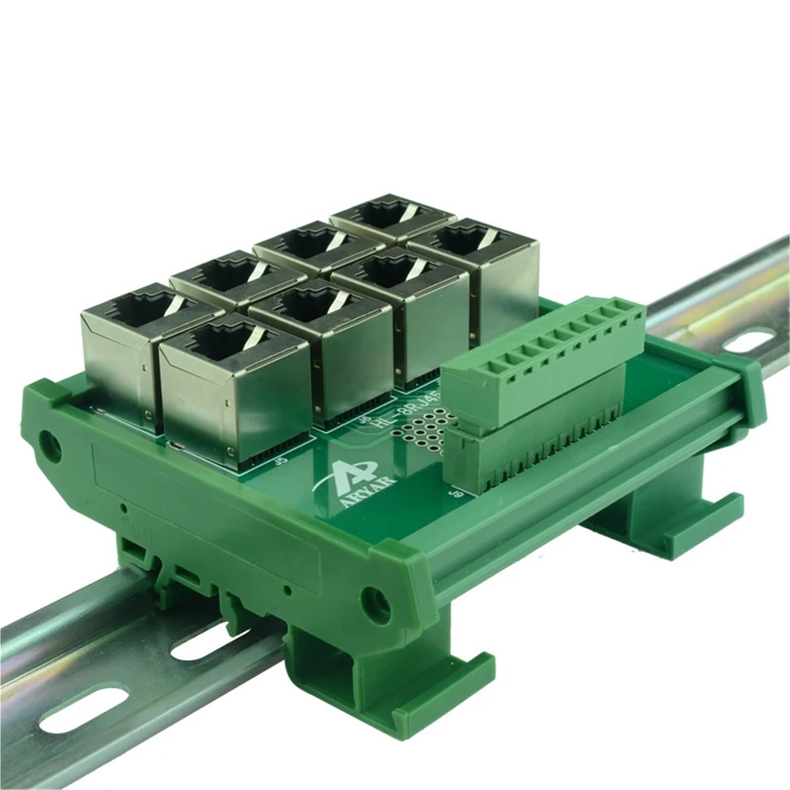 1 x moduł do montażu na szynie DIN RJ45, 8-drożna płyta przyłączeniowa ze złączem RJ45 8P8C, blok zacisków, złącze. (With Carrier)