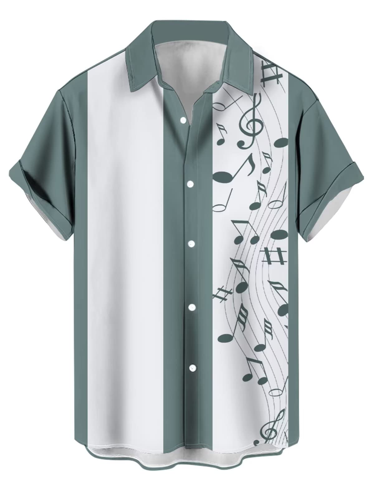 Men's Vintage Bowling Shirt 1950s Retro Rockabilly Style Short Sleeve Button Down Music Hawaiian Shirts, Music Note-white Sage, 3XL