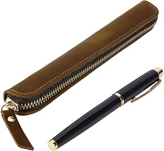 BENECREAT ペンホルダー PUレザー 19.5x3.1x2.2cm ファスナー付きペンポーチ 万年筆 1本差し ラニヤード＆キークリップ付きオフィスと旅行用 サドルブラウン