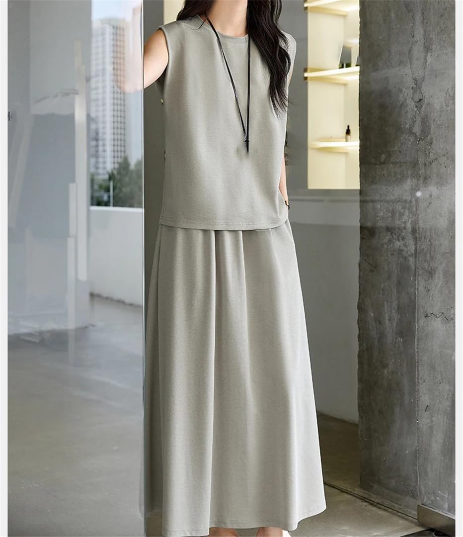 Women's Summer Skirt Set Two Piece Casual Outfit Sleeveless Tank Top And Elastic Waist Midi Skirt Lady Suit
