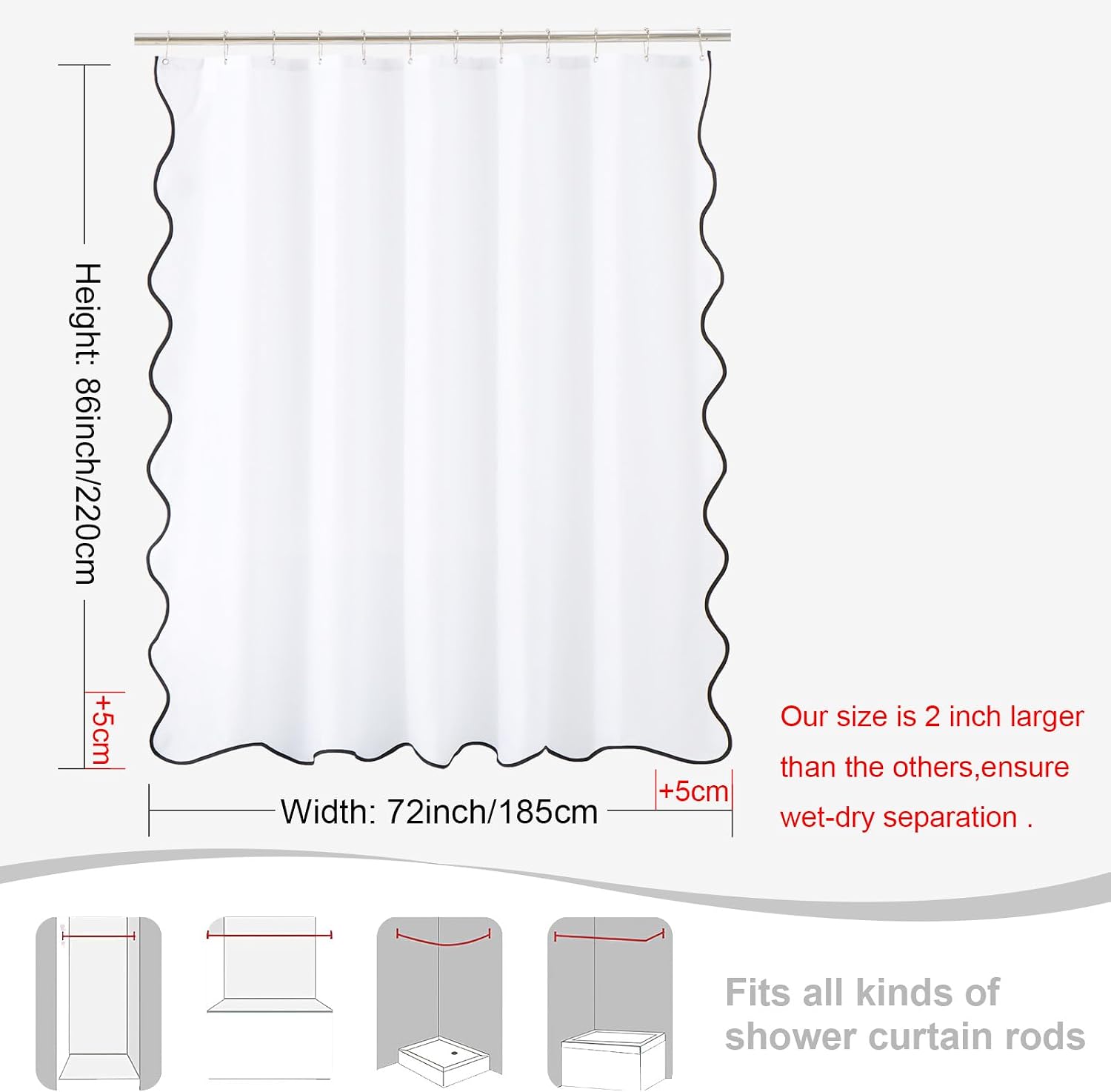 ORTIGIA White Shower Curtain with Black Scalloped Edge 72 W x 84 H Inch, Black and White Shower Curtains Cute Aesthetic Pretty Preppy Waterproof Fabric Bath Bathroom Decor with Metal Hook