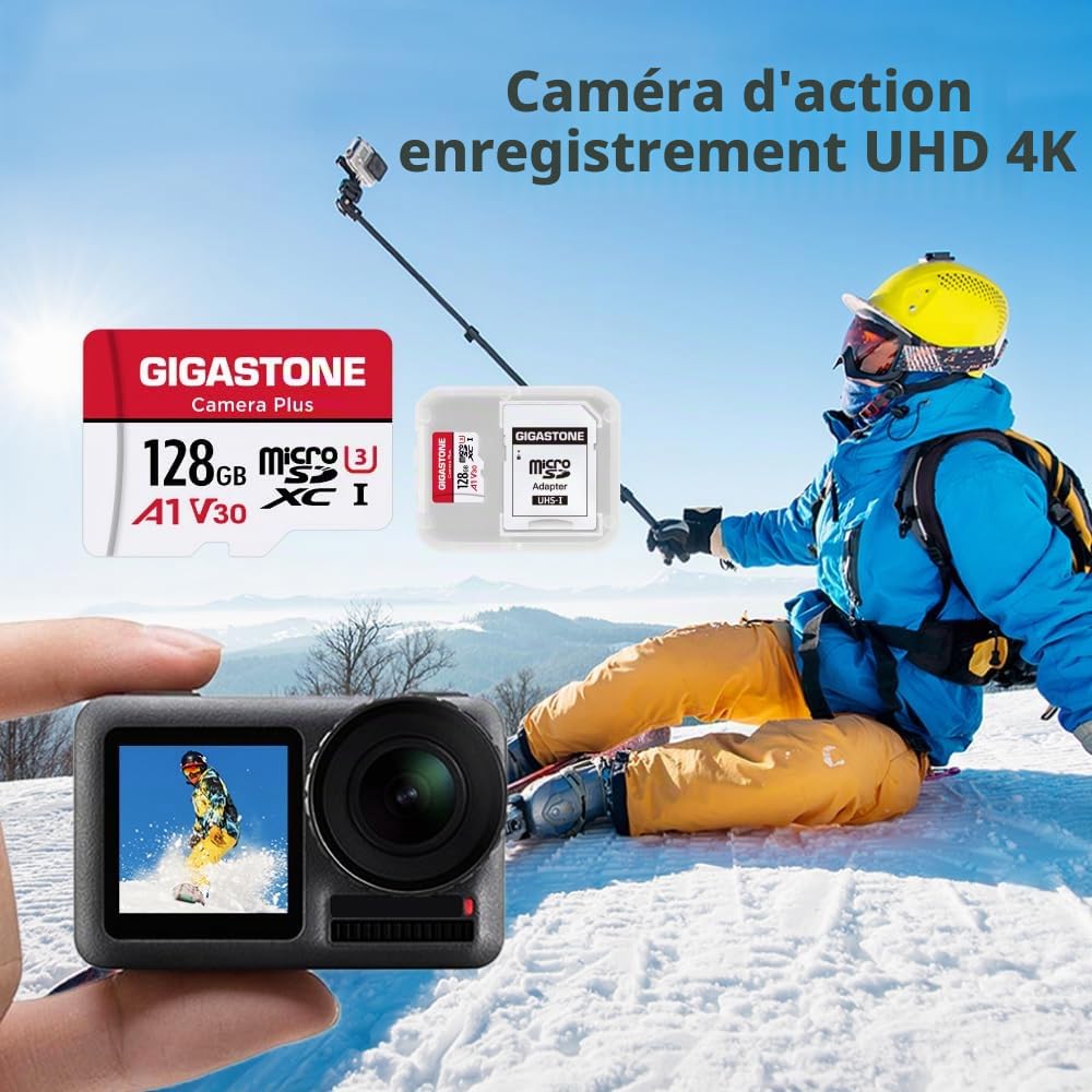 GIGASTONE Carte Mémoire 128 Go Lot de 2 Cartes, Caméra Plus Série, Vitesse allant jusqu'à 95 Mo/s. idéal pour Full HD Video Drone Gopro Caméra, U3 Carte Micro SDXC avec Mini Coque et Adaptateur SD.