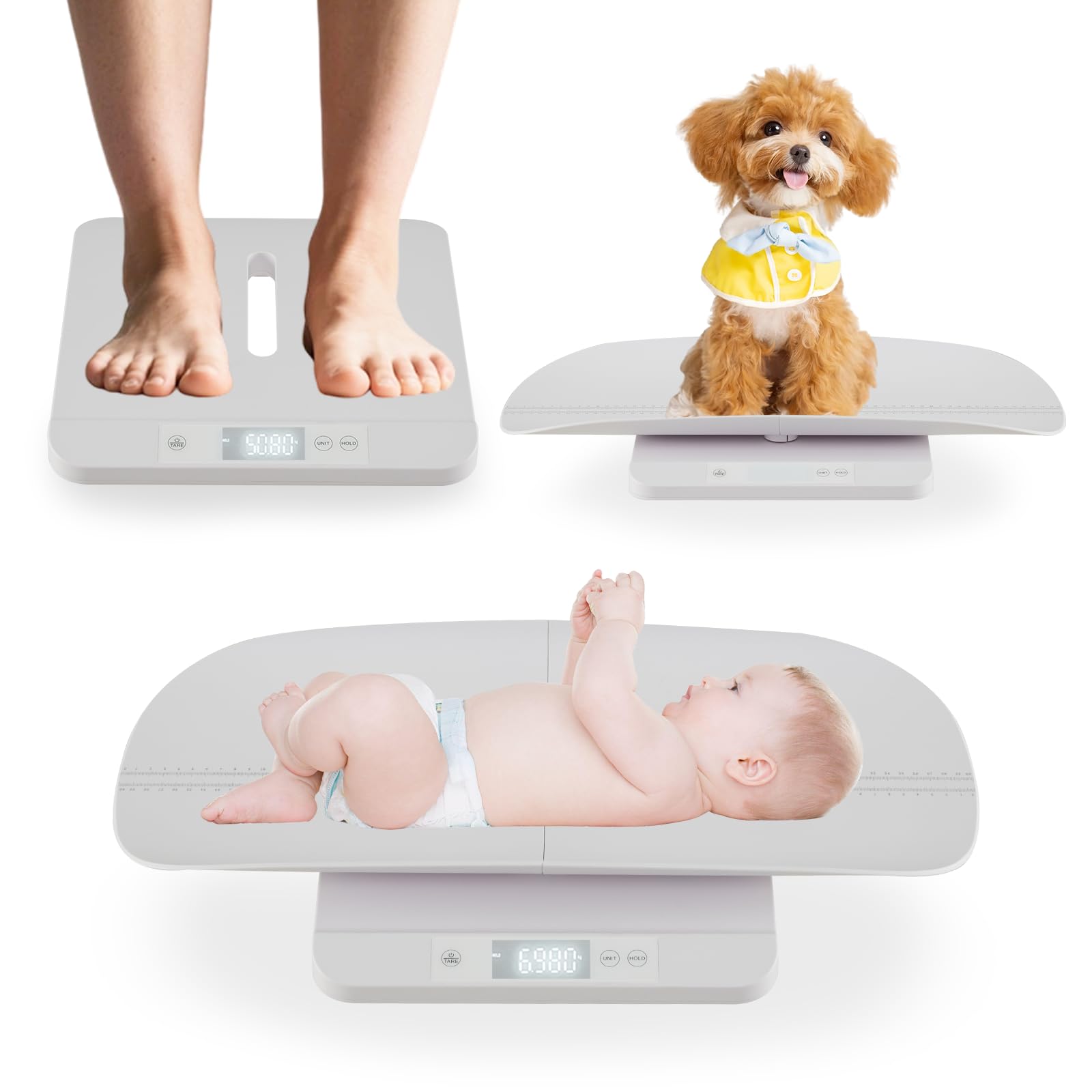 LIFEZEAL Bilancia Neonati, Bambini, Persone, Animali Domestici a 150kg, Bilancia Pesa Neonati, Musura Altezza, Smontabile, Schermo Led, Tare, Stabilizzatore, Spegnimento Automatico, Antiscivolo