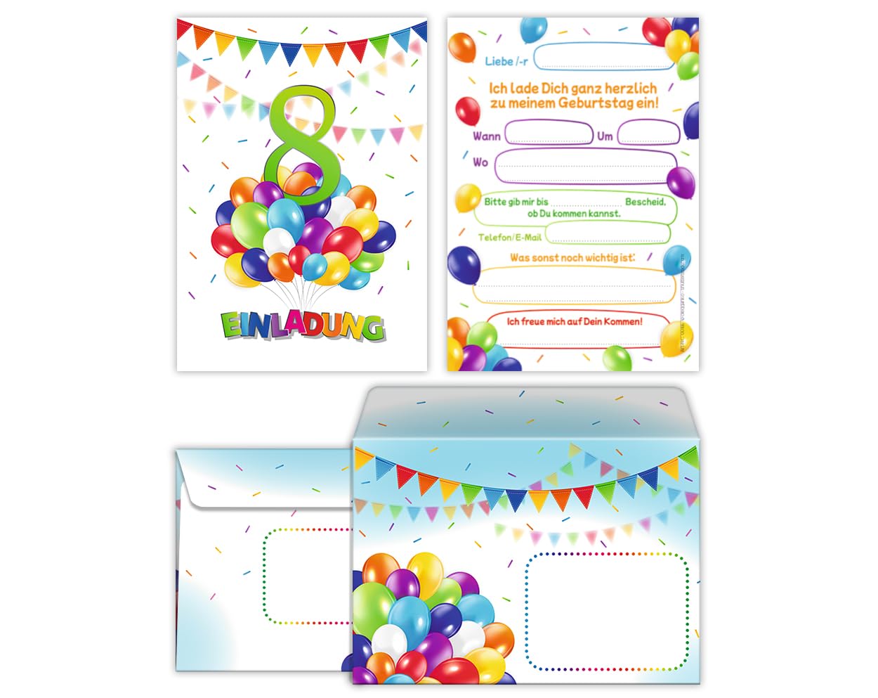 Junaversum 8 Einladungskarten incl. 8 Umschläge zum 8. Kindergeburtstag Jungen Mädchen Luftballons Einladungen achte Geburtstag Kinder