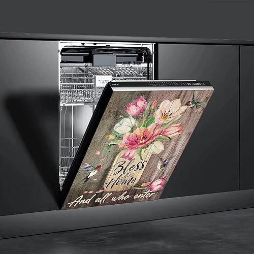 Miniatura 4 de OEME Cubierta magnética para lavavajillas con diseño de flores de primavera, calcomanías de vinilo autoadhesivas para decoración de pájaros,