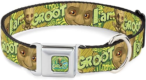 Buckle-Down Collar de perro Hebilla de cinturón de seguridad Baby Groot Pose Face I Am Groot Browns Greens Amarillos 11 a 17 pulgadas 1.0 pulgadas