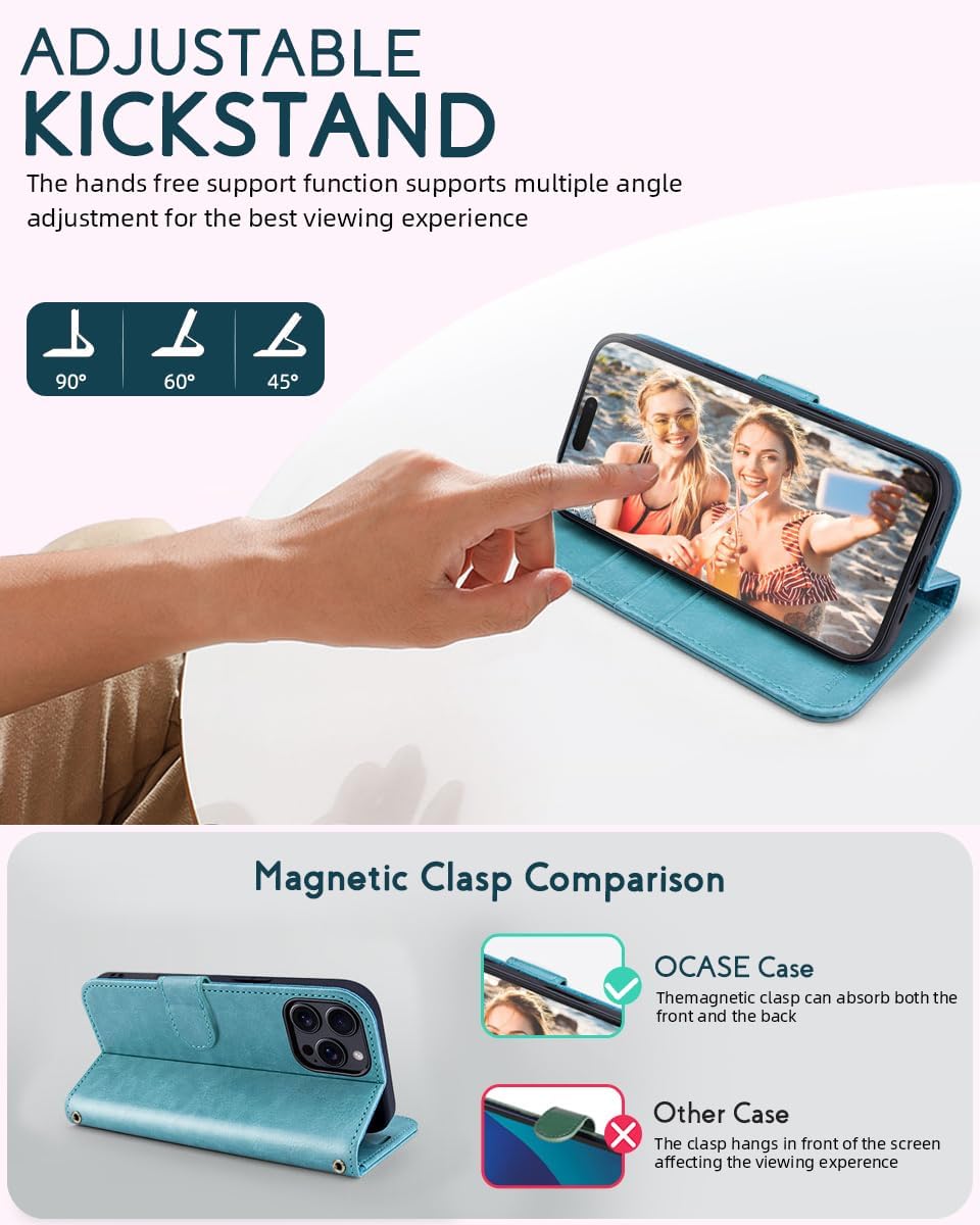 OCASE for iPhone 16 Pro Wallet Case, PU Leather Crossbody Phone Case with Removable Shoulder Strap, Kickstand, RFID Blocking Card Slots, Flip Folio Phone Cover 6.3 Inch 2024, Ice Blue