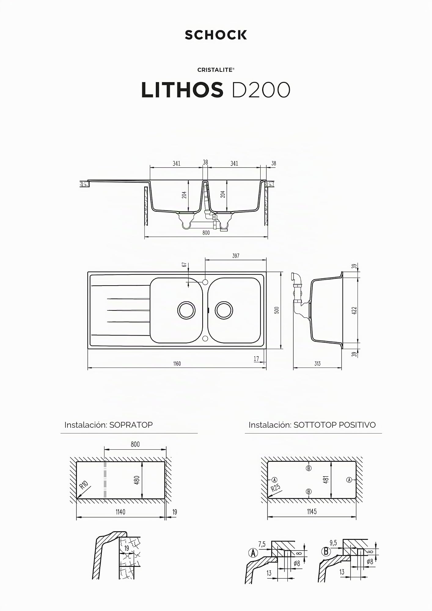 SCHOCK | Fregadero de cocina Lithos D200 2 senos con escurridor, bañera reversible, material Cristalite®, gris pardo, 1160 x 500 mm