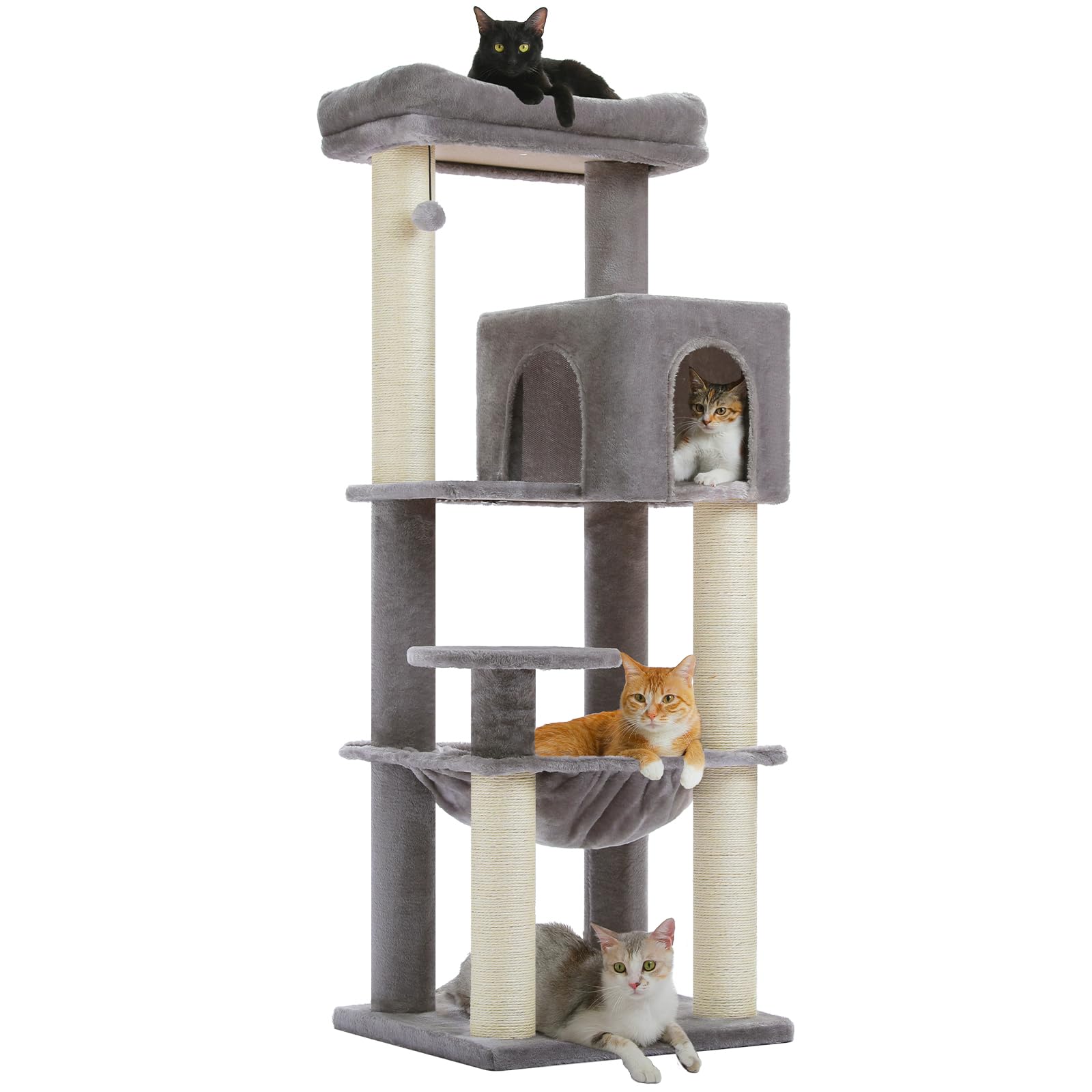 PAWZ Road Albero per gatti grande da 147 cm, con tiragraffi ispessiti (φ3,7 pollici) per gatti adulti di grandi dimensioni, 13,6 kg, centro attività multi-livello con struttura in metallo, amaca e