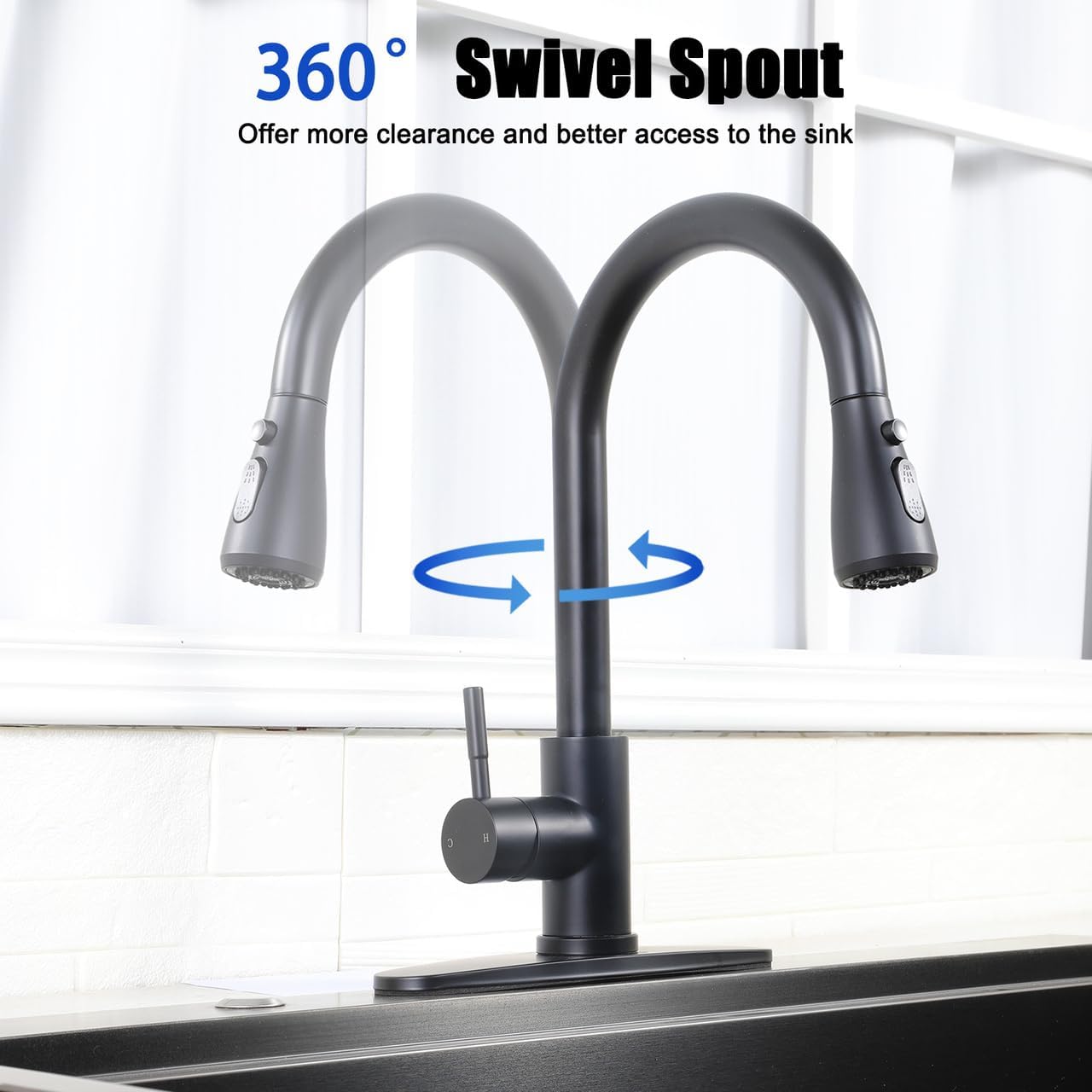 Black Kitchen Faucet with Pull Down Sprayer, Single Handle Kitchen Faucet Matte Black, Stainless Steel Suitable for 1 or 3 Hole Sinks for Farmhouse, RV, Laundry, Bar, RC-KYT010B-D