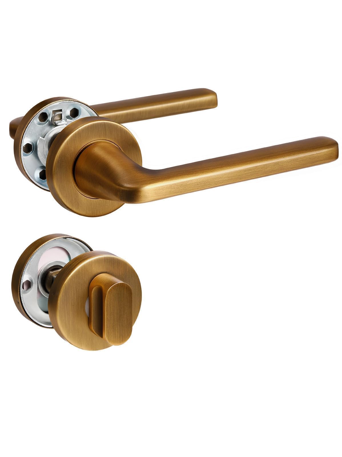 SORWDUERM Maniglia per porta in ottone anticato, set maniglia, acciaio inossidabile spazzolato opaco, maniglia per porta d'ingresso e porta interna, forma a L, rosetta rotonda, WC