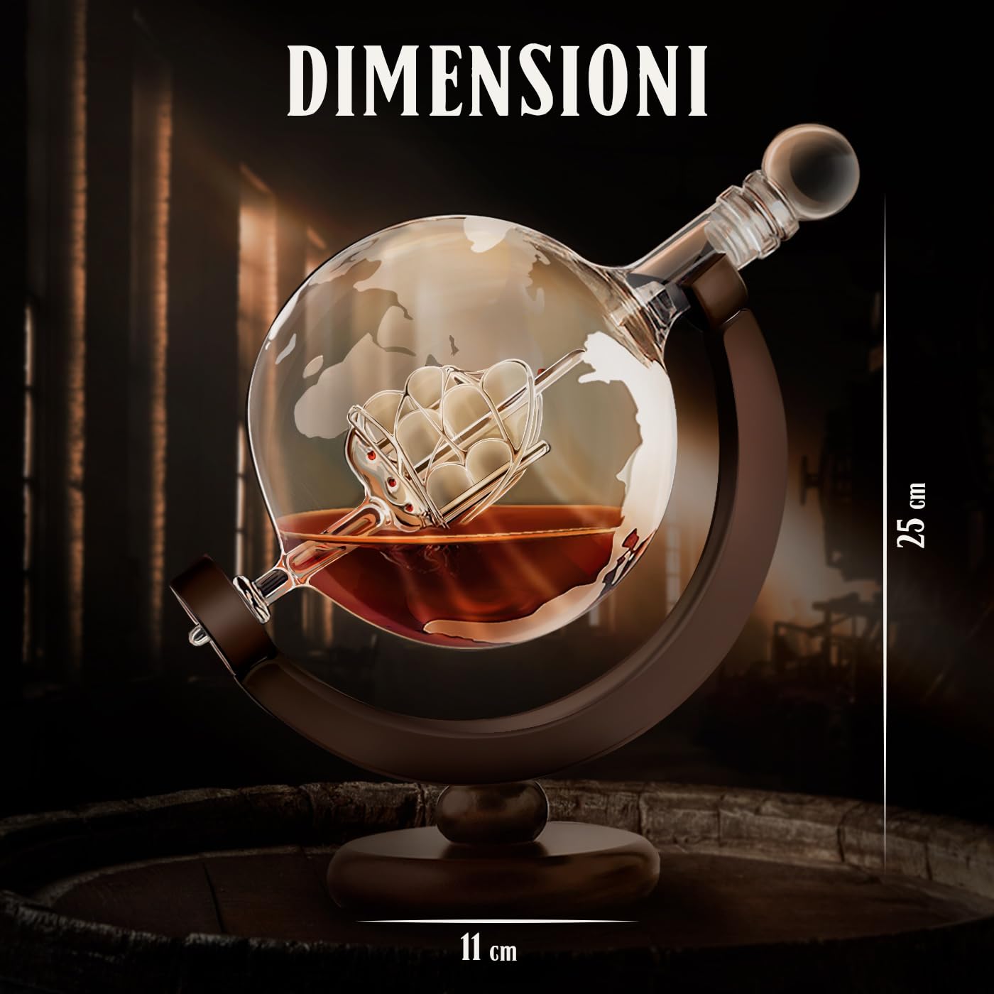 Maverton Decanter per Whisky in vetro - incisione personalizzata - Caraffa a forma di mappamondo da 850 ml + 2 bicchieri da whisky - idee regalo per anniversario - eleganza