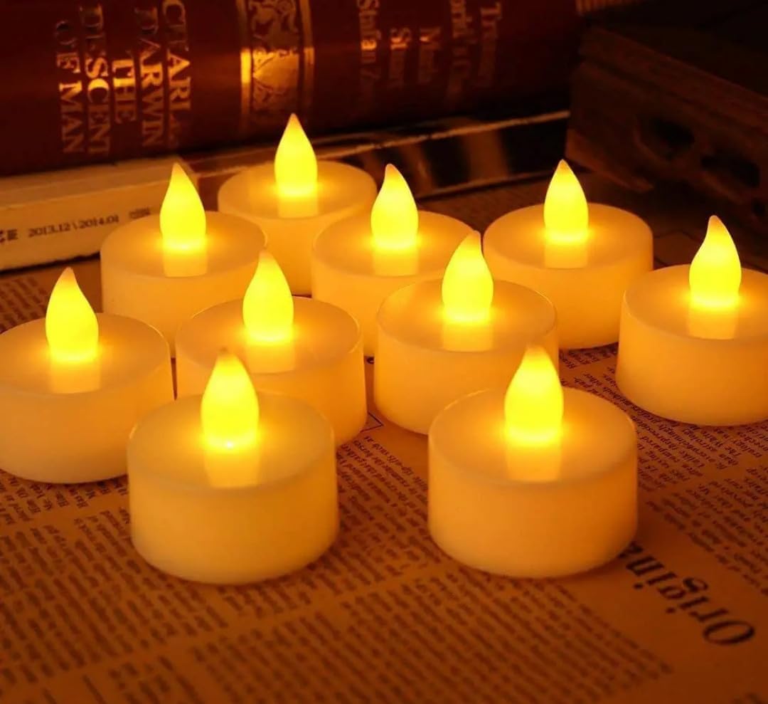 led tea light candles, flameless battery operated, warm white glow, pack of 12
