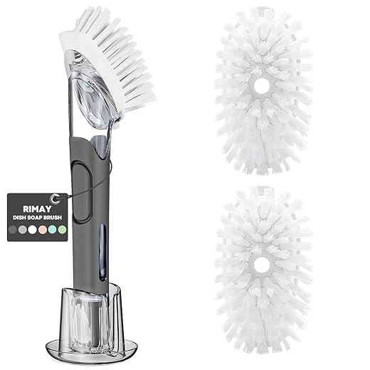 Soap Dispensing Replacement Dish Brush Storage Set with 2 PCS Brush Refills & Holder - RIMAY Dispenser Scrub Cleaning Scrubber Kitchen Dishwashing Dish Wand Handle for Dishes/Pans/Pots/Sink(Black)
