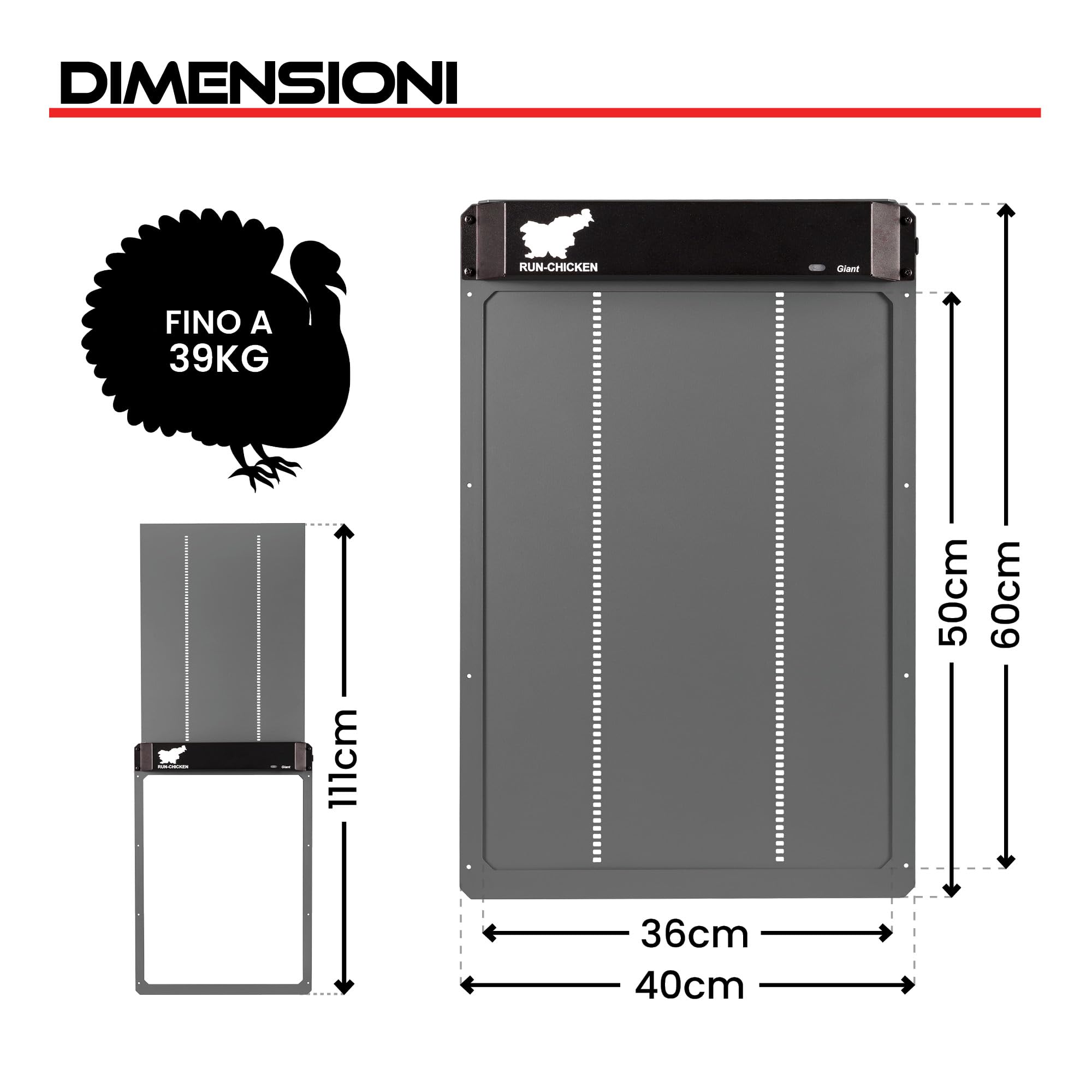 Porta automatica Run-Chicken GIANT grigia per grandi volatili. Apertura 36 x 50 cm, alluminio resistente alle intemperie. Timer o GPS e sistema di sicurezza anti-schiacciamento.