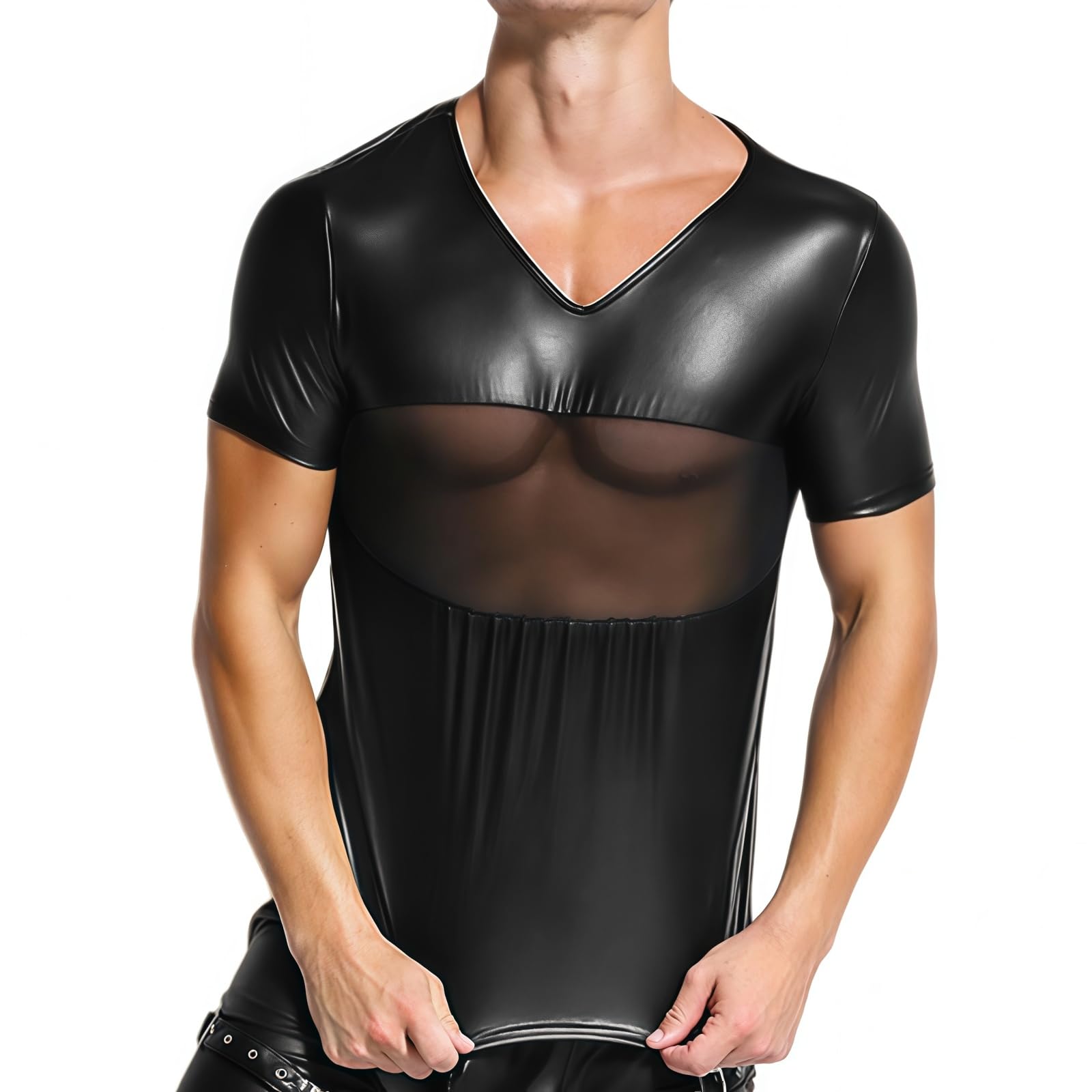 Samheng Men's Black Shiny Metallic Mesh Top For Sexy Faux Leather V Neck Short Sleeve T Shirt Slim Fit Muscle Top Wet Look Tank Top Undershirt Night Outfits Party Dancewear Clubwear Xl