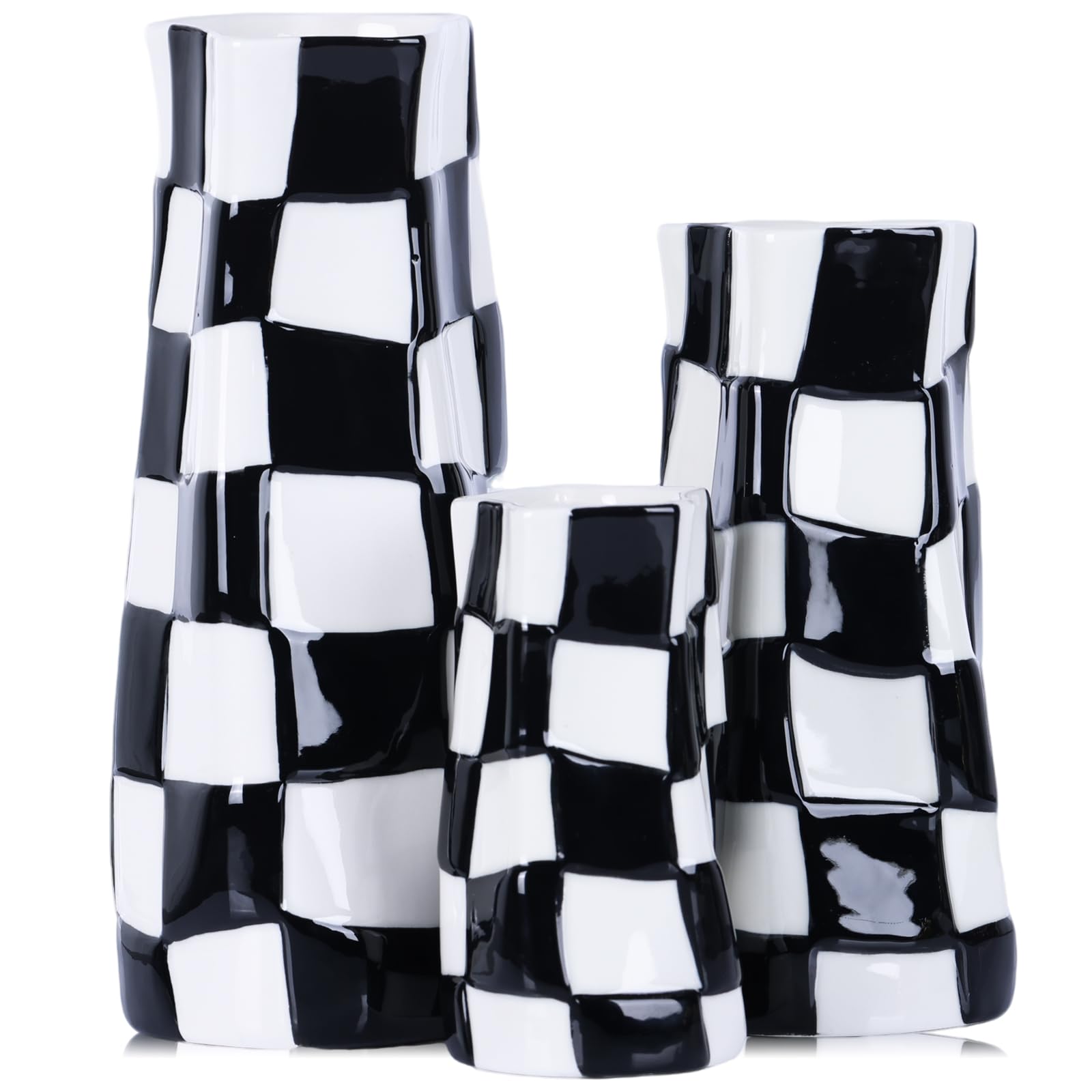 Keramik-Vasen-Set (3-teilig) in Schwarz-Weiß – Schwarze, Karierte Vase mit breiter Öffnung – Große dekorative Blumenvasen für Wohnzimmer, Tischdekoration, Esszimmer (Schwarz)