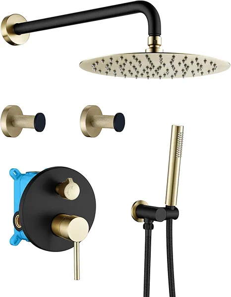 WRKMH Shower Faucet Set Black and Brushed Gold Rainfall Shower System Wall Mounted Shower Complete Combo Set with 10 Inch Round Rainfall Shower Head, Handheld Shower Head, 2 pcs Shower Hooks