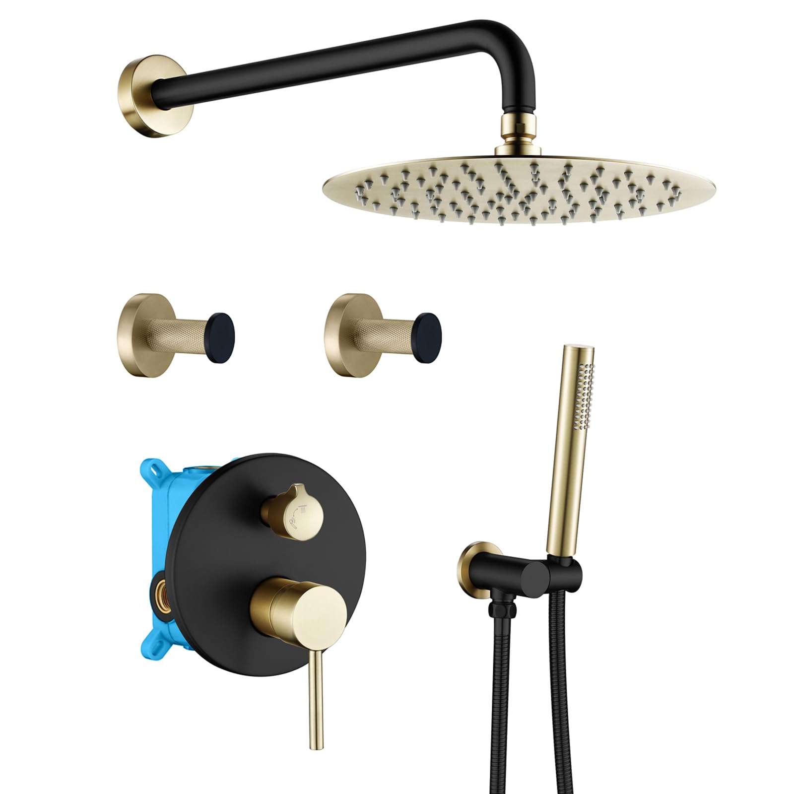 WRKMH Shower Faucet Set Black and Brushed Gold Rainfall Shower System Wall Mounted Shower Complete Combo Set with 10 Inch Round Rainfall Shower Head,