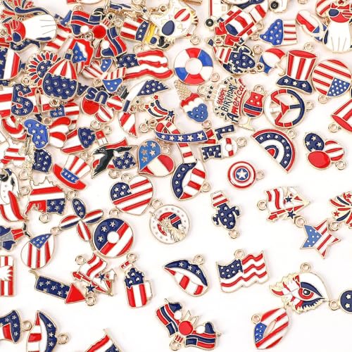MARFOREVER Patriotic 4th of July Charms 120 Pcs Independence Day Red White Blue Jewelry Making Charms American Flag Memorial Day Enamel Pendants for Bracelets Necklaces Earrings Craft