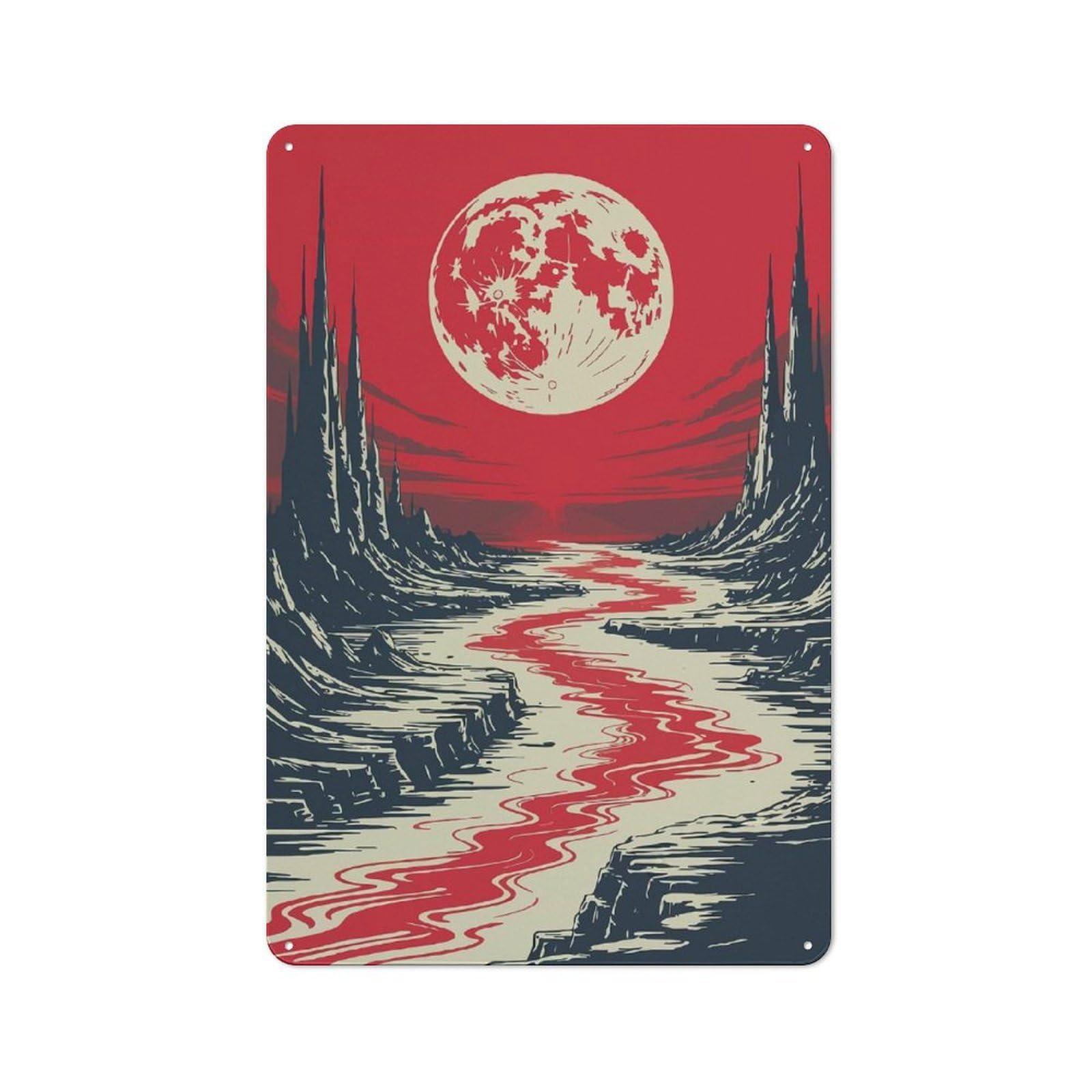 Junmoney Red Moon Fantasy Landscape Vintage Retro Metal Sign 30X20cm Featuring Garage Wall Decor For Garage, Workshop, Shed Or Utility Room