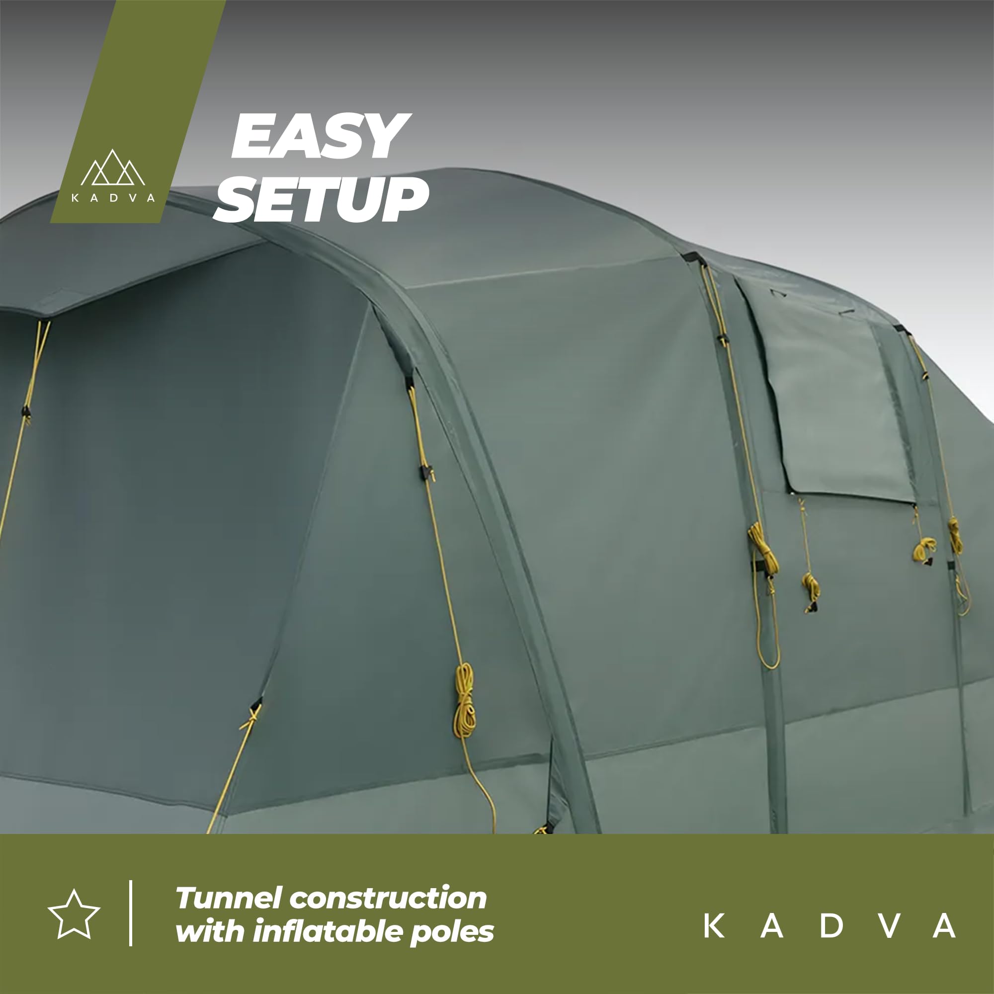 KADVA Namiot Kempingowy AIRcamp 8.44 Osobowy Tunelowa Konstrukcja 640 x 205 x 195 cm Wodoodporność 3000 mm Dwie Sypialnie Przestronny Przedsionek Łatwy Transport Praktyczne Kieszenie Kolor Zielony
